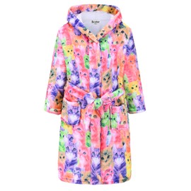 Jxstar Girls Bathrobes Kids Hooded Robes Plush Soft Coral Fleece Cat Pajamas Sleepwear,Size 6 7