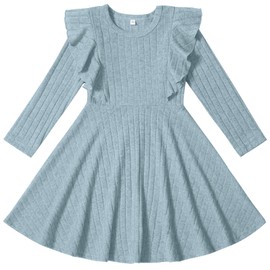 TATAKERI Toddler Baby Girl Dress Long Sleeve Baby Sweater Dress Fall Winter Ruffle Ribbed Knit A-Line Clothes for Little Girl Blue