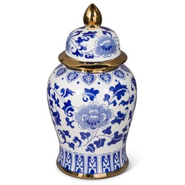 China Furniture Online 18 Inch Blue and White Porcelain Oriental Ginger Jar with Gold Accent