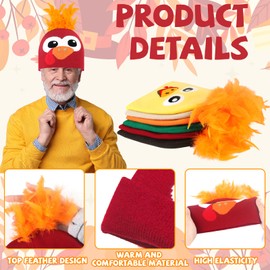 Tkifoda 6 Pcs Turkey Hats for Adults Thanksgiving Hats Turkey Beanie Hat with Feather Funny Knitted Cap Thanksgiving Turkey Costume Accessories Fall Dress up Outfit Thanksgiving Party Favors Supplies
