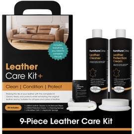 Furniture Clinic Large Leather Care Kit | Leather Cleaner + Conditioning Protection Cream for Furniture | Two 17oz Bottles + 1 Sponge & 1 Cloth | Restore Leather Couches, Car Seats, Jackets, & Boots
