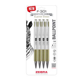 Zebra Pen F-301 Signature Series Retractable Ballpoint Pen, 0.7mm, Black Ink, Durable Stainless-Steel Barrel with Earthy Tones Accents, Sage Barrel Accents, 4-Pack (27244)