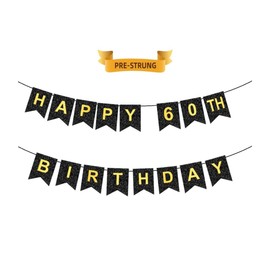 HAPPY 60TH BIRTHDAY Banner, Pre-Strung, Black Gold 60th Birthday Party Decorations, Happy 60 Year Old Bdy Party Banner, Sixty Birthday Banner