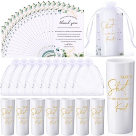 Sliner 50 Set Wedding Favors for Guests Bulk 2oz Acrylic Take a Shot We Tied the Knot Shot Glasses with Thank You Cards Organza Bags for Guest Souvenir Wedding Bridal Shower Gifts (White,Gold)