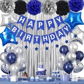 Navy Blue Silver Birthday Decorations, Birthday Decorations for Mens with Silver Navy Blue Confetti Birthday Balloons Happy Birthday Banner Silver Fringe Curtain Tissue Paper Pompoms Star Garland