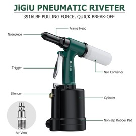 JiGiU Pneumatic Tool Air Riveter 3916LBF Pulling Pneumatic Rivet Gun Heavy-Duty Air Pop Riveter 3/32", 1/8", 5/32", 3/16" and 1/4" Capacity for Automotive, Construction, Manufacturing Industries