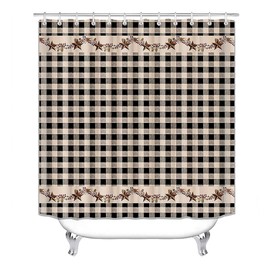 OLEBETY 4PCS/Set Vintage Brown Western Texas Star Shower Curtain, Black White Buffalo Plaid Rustic Berry Garland Pine Cone Primitive Country Farmhouse Bathroom Decor, Non-slip Bath Rugs, Check Pattern