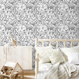 VaryStyle Black and White Floral Wallpaper Minimalist Line Floral Peel and Stick Wallpaper for Bathroom Bedroom Removable Flower Wall Paper 17.7"x118" Black and White Contact Paper for Cabinets Walls