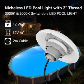 LyLmLe LED Pool Headlight with External Thread 2 Inches, 12 W Pool Lighting 2 Colours Switchable White 3000 K & 6000 K, Diameter 190 mm, 12 V AC Underwater Spotlight LED for Above Ground Pools Steel