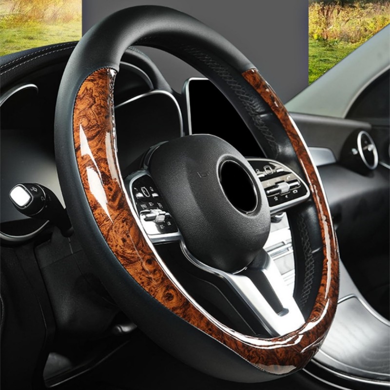 BANLIE Wood Grain Steering Wheel Cover Microfiber Leather Breathable Anti