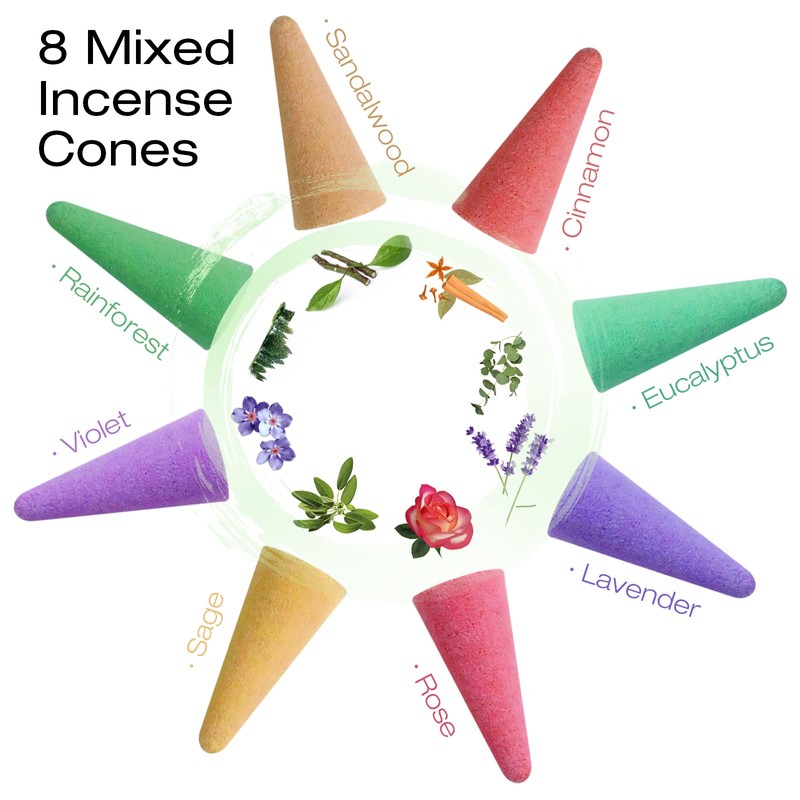 Scent-Hi 120 Incense Cones with Holder, 8 Pack Mixed Scents
