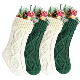 Kunyida 14" Green and Ivory Knit Christmas Stockings for Fireplace Holiday Decor,4 Pack