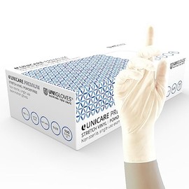 Unicare Premium Stretch Vinyl Disposable Gloves, Powder Free, Latex Free, Heavy Weight, Box of 100 Gloves, Natural, Size Medium (GU0073-A)