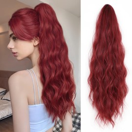 XIXISNOW 24'' Claw Clip Ponytail Extension for Women Fluffy Layered Clips On Synthetic Hair Heat Resistant & Natural Look Curly Hair Extensions Clip-ins Wedding Party Daily Use(Burgundy, 4.5OZ)