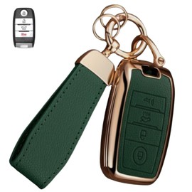 WiiLemz Key Fob Cover for Kia with Key Chain, Upper Leather + Soft TPU Key Cover Case Shell for Kia Optima Soul Sportage Sorento Forte NIRO Rio 4 Buttons (Green)
