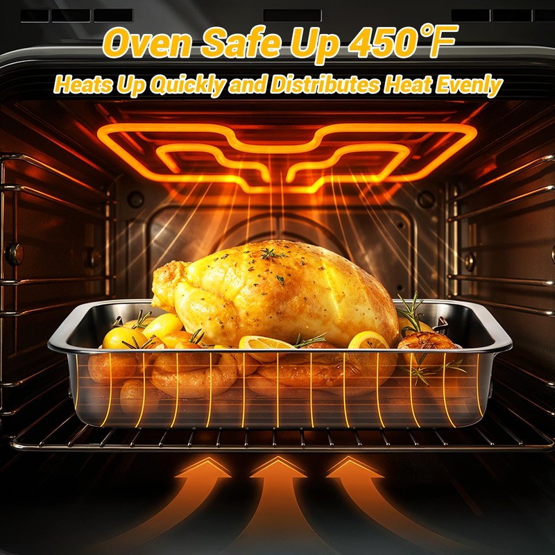 Tifanso Stainless Steel Roasting Pan - Heavy Duty Turkey Roasting