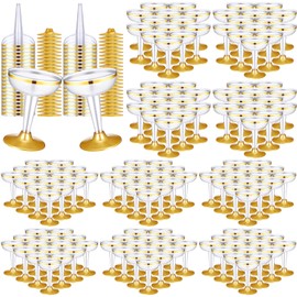 Mumufy 100 Pcs Plastic Champagne Coupe Glasses 4.5oz Martini Clear Cocktail Glasses Disposable Stemmed Unbreakable Champagne Cups with Gold Rim and Base for Outdoor Party Wedding Picnic