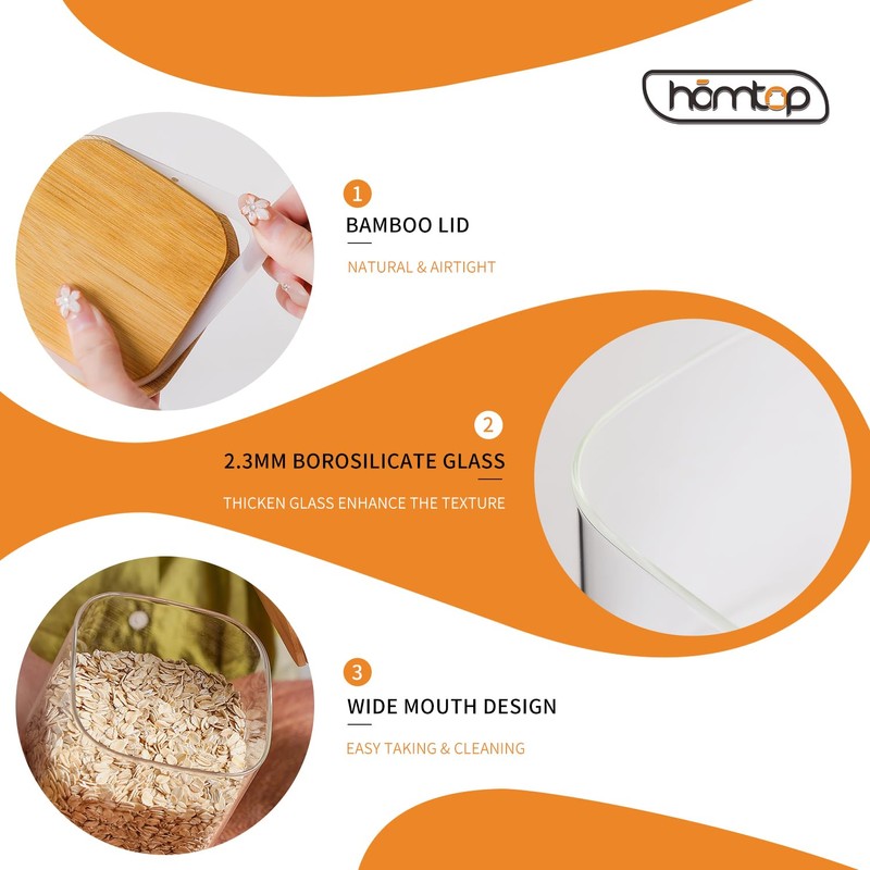Homtop Glass Food Storage Containers with Lids 6 Pack(25oz/37oz/50oz), High