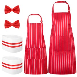 XLSXEXCL 6 Pcs 1950s Waiter Costume Kit, Soda Jerk Costume Kit, Red and White Striped Apron with 2 Pockets, Chef Hat Red Bow Ties Adjustable for Adult and Kid Circus Carnival Costume Cosplay Party