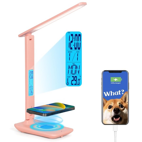 Wanjiaone Desk Lamp with Wireless Charger, Table Lamp with Clock,