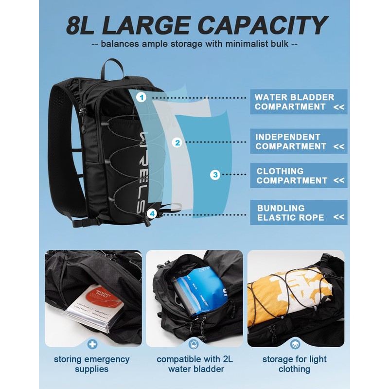 WRELS Running Hydration Vest 8L for Men Women with 10