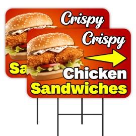 Crispy Chicken Sandwiches 2 Pack Double-Sided Yard Signs 16" x 24" with Metal St