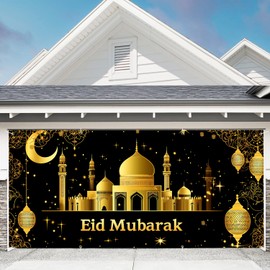 Eid Mubarak Garage Door Decorations 6x13 FT Eid al-Fitr Decor Garage Door Banner for Home Mosque Muslim Holiday Celebration (Black)