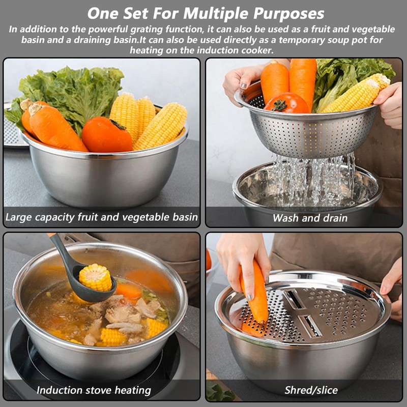 Multifunctional Stainless Steel Basin, Graters for Kitchen, 3 in 1