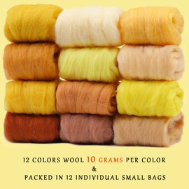 WONVOC Felting Wool, 12 Colors Wool Roving for Needle Felting, 4.23 oz Needle Felting Wool, Wool Roving, Needle Felting Wool Set, Easy to Work, for Needle Felting DIY Wool Crafts, Yellow and Brown