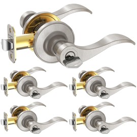 TICONN Traditional Wave Style Reversible Door Lever, Door Handle for Interior Doors and Closet (Satin Nickel, Keyed Entry - Keyed Alike, 5 Pack)