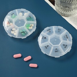 Portable Transparent Round 7-Grid Pill Organizer Case (a17) 8.5*2cm/Transparent with English and Chinese 40ea