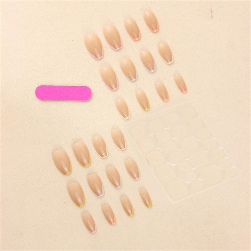 24PCS Medium Nude Press-On Nails with Colorful Stripes, False Nails,