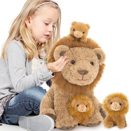 MorisMos Big Lion Teddy Stuffed Animal, 45cm Cuddly Fluffy Lion Mommy with 3 Babies Inside, Large Brown Lion Soft Toys Kawaii Lion Plushies Present for Kids Birthday Deco