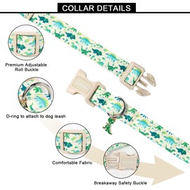Lionet Paws Green and Blue Dinosaur Dog Collar- Cute Stegosaurus and Raptor Beige Dog Collars with Plastic Buckle,Light Adjustable Dog Collars for Small Dogs