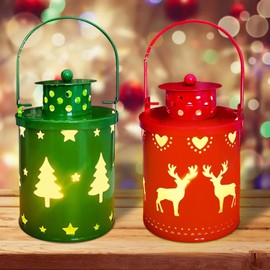 Pack of 2 Christmas Decoration Lanterns - with Creative Pattern and Warm White LED Lighting, 18 cm, Ideal for Children, Friends & Classmates - Awaken a Cosy Christmas Atmosphere in Any Home (A)