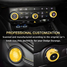 SENSHINE for Dodge Durango Knob Cover 2021-2023 2024 2025 2026 Aluminum Alloy Buttton Knob Covers - Air Conditioner, Volume, Tune, Headlight, Push Start Stop Decorated Rings Accessories 6Pcs (Gold)