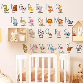 Animal Alphabet Wall Decals, Colorful ABC Letters Stickers，Kids Wall Stickers Peel and Stick Removable Alphabet Decals，for Nursery Bedroom Kids Room Wall Closet Decor Toddler Boys Girls ABC Letters