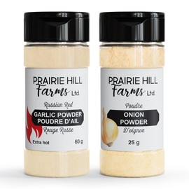 Prairie Hill Farms Freeze Dried Garlic & Onion Powder Combo Pack. 100% Made In Canada. Natural Onion and Garlic Granules. Gluten Free Seasoning for Cooking, Sauces & Marinades. 85g (Pack of 2)