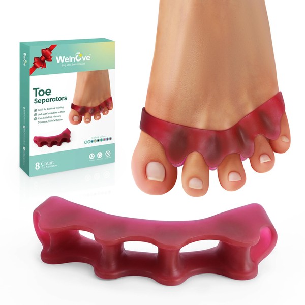 Welnove 8-Pack Toe Separator to Correct Bunions and Restore Toes to Their Original Shape, Bunion Corrector for Women Men, Toe Spacers for Gifts (Deep Red)