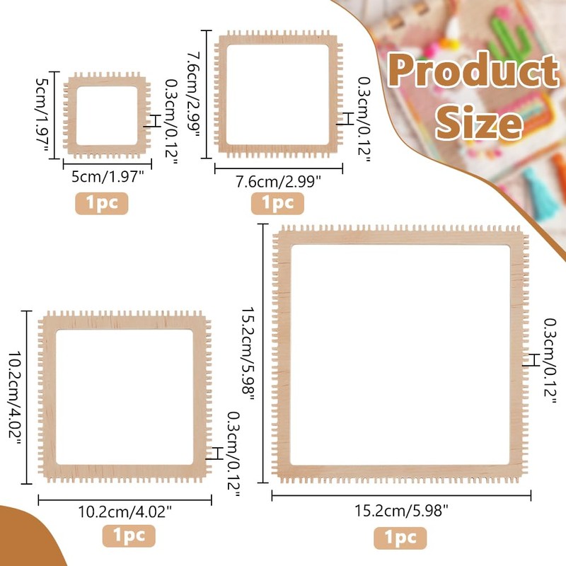 NBEADS 4Pcs 4 Sizes Wood Weaving Loom Kit, Square Knitting