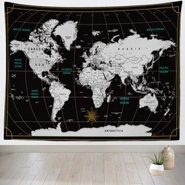 BELECO World Map Tapestry Scratch Travel Map of the World Tapestry Wall Hanging Black and White Color Background 60x50 Inch Art Map Tapestry for Bedroom Living Room Dorm Office Home Decor
