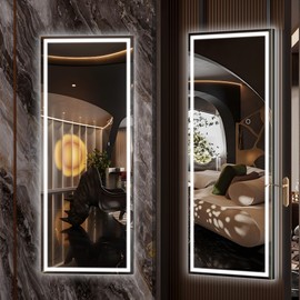 Hasipu LED Door Mirror Full Length, 44" x 15.8" Lighted Over The Door Hanging Mirror, Full Body Wall Mounted Mirror, Light Up Long Dressing Mirror, Square Black