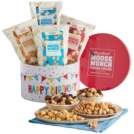 Harry & David Moose Munch® Premium Popcorn Birthday Tin - 4 Bags (10Oz Each), Birthday Gift Basket, Movie Night Snacks, Popcorn Birthday Party