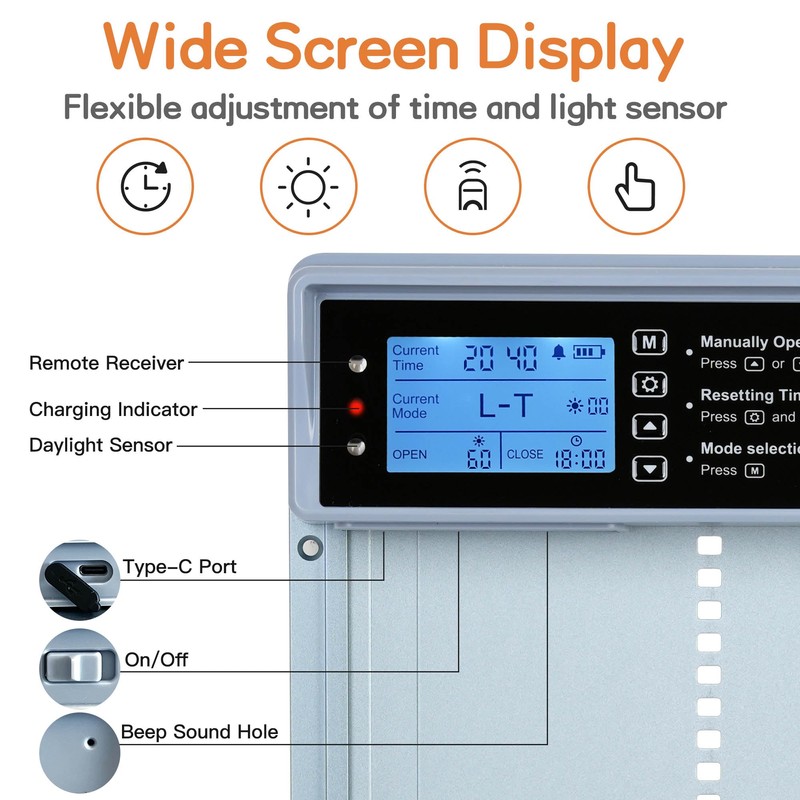 Automatic Chicken Coop Door, LCD Display, 5 Modes, Timer &