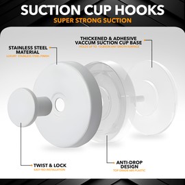 Besti Shower Suction Cup Hooks, Strong Suction Power, Towel Hooks for Shower Glass Door, Bathroom, Kitchen, Mirrors, Tiles, Holds up to 11 lbs, Ideal for Towels, Bath Robes, Coats (White)