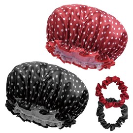 XYTAHDM Pack of 2 Satin Shower Caps, with 2 Satin Hair Bands, Waterproof Elastic Reusable Double Layer Sleeping Cap, for Girls, Women, Cosmetics, Home, Hotel, Travel (Polka Dot)