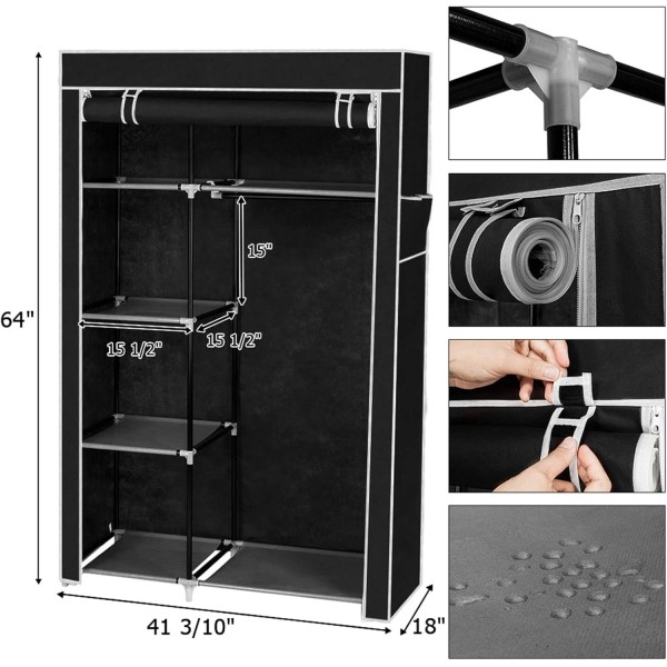Portable Closet Wardrobe, Closet Storage Organizer Rack with Shelves and