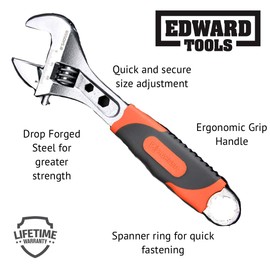 Edward Tools Pro 8" Adjustable Wrench - Carbon Steel Adjusting Design - Crescent Pro Grip for Greater Leverage - Adjustable Width - Spanner Handle