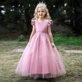 Girl Formal V-Back Satin Flower Girl Dress Girls Dresses for Wedding Flying Sleeve Pearls Tulle Girls Prom Ball Gown Princess Dresses Burnt Orange