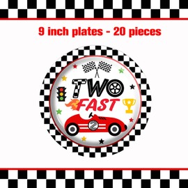 117pcs Racing Car 2nd Birthday Party Decorations, Two Fast Checkered Flag Party Plates Napkins Forks Cups Banner Racing Tablecloths for Boys Race Car Theme 2nd Party Supplies Decorations